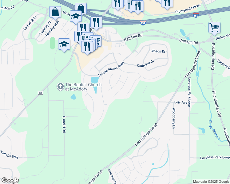 map of restaurants, bars, coffee shops, grocery stores, and more near 6367 OVERLOOK Drive in Bessemer