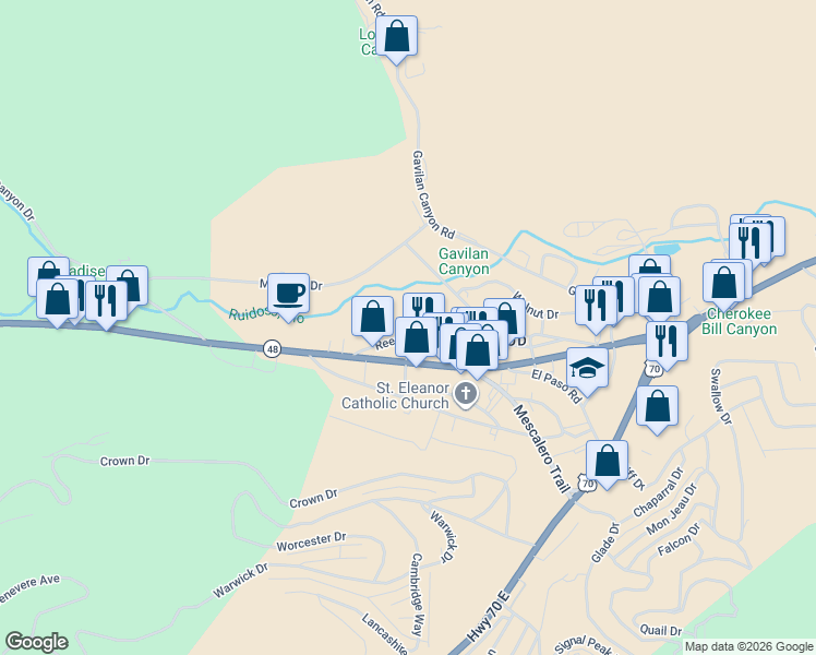 map of restaurants, bars, coffee shops, grocery stores, and more near 128-136 Reese Drive in Ruidoso