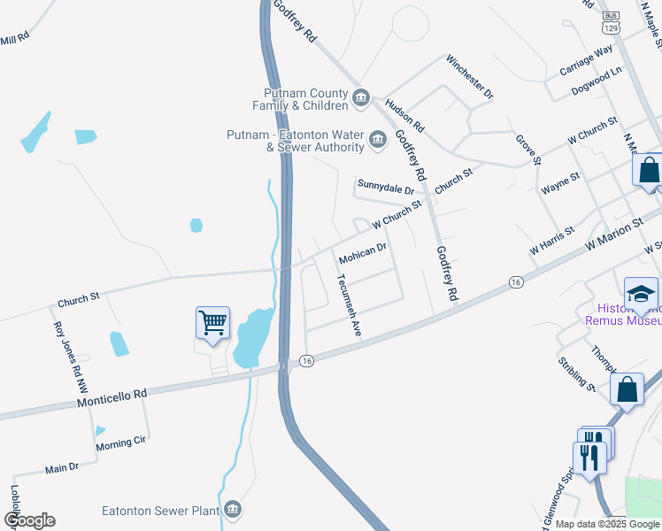 map of restaurants, bars, coffee shops, grocery stores, and more near 307 Tecumseh Avenue in Eatonton
