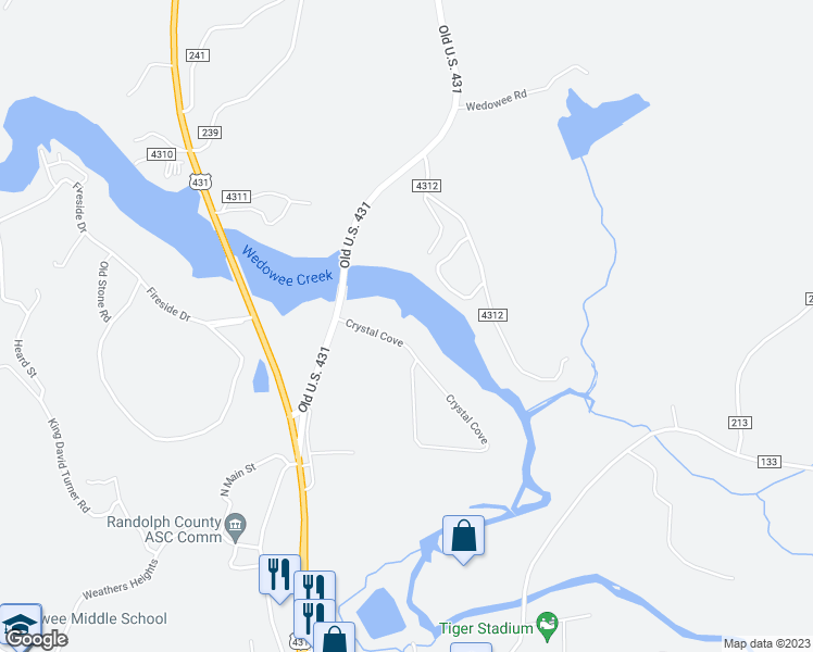 map of restaurants, bars, coffee shops, grocery stores, and more near 157 Crystal Cove in Wedowee