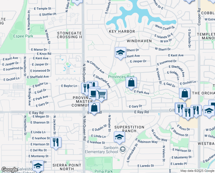 map of restaurants, bars, coffee shops, grocery stores, and more near 1141 East Baylor Lane in Chandler