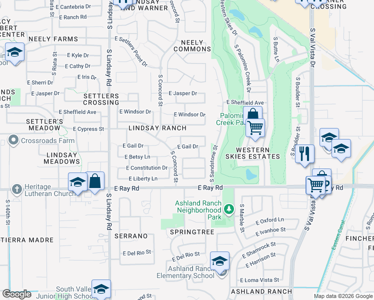 map of restaurants, bars, coffee shops, grocery stores, and more near 1109 East Gail Drive in Gilbert