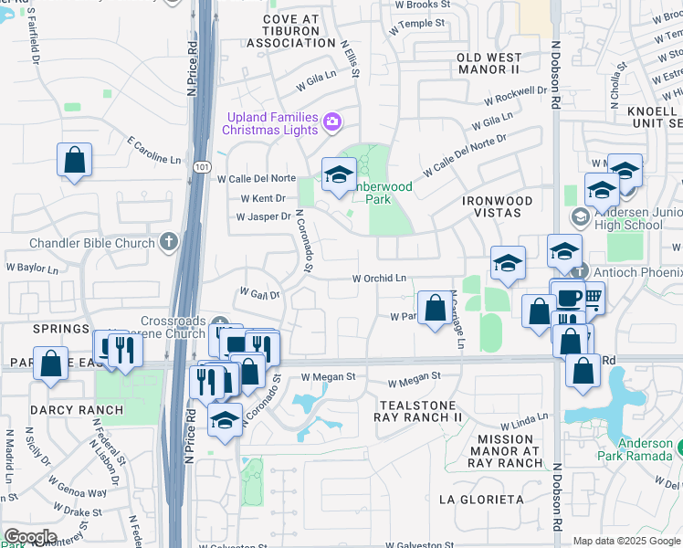 map of restaurants, bars, coffee shops, grocery stores, and more near 2550 West Orchid Lane in Chandler