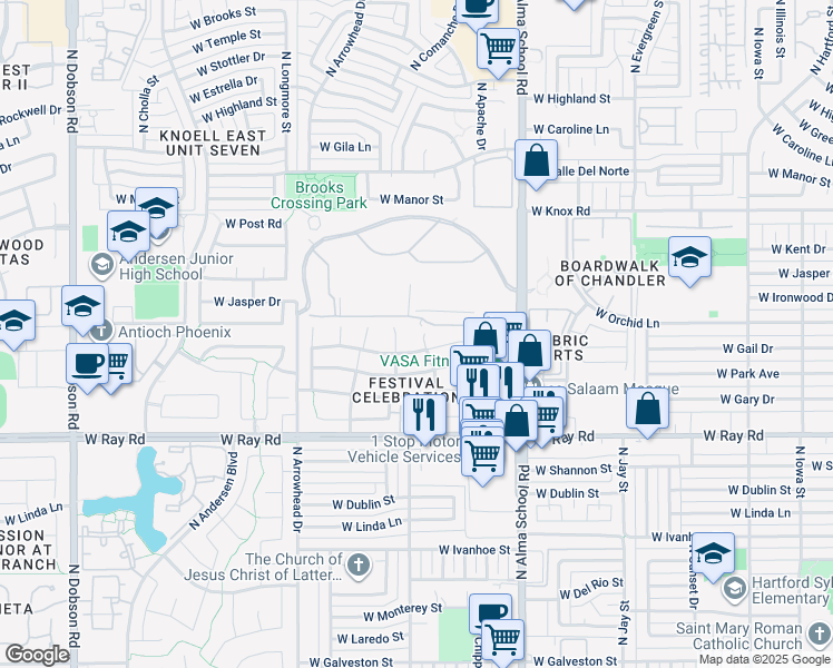 map of restaurants, bars, coffee shops, grocery stores, and more near 1232 North Comanche Court in Chandler