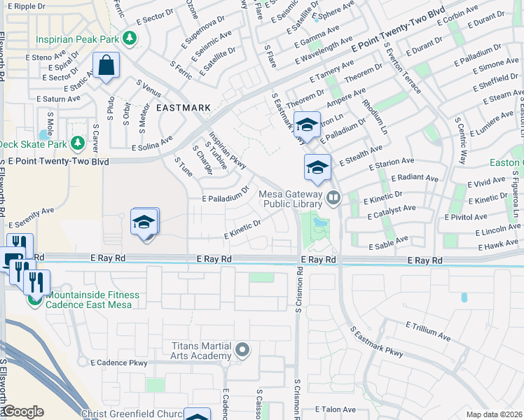 map of restaurants, bars, coffee shops, grocery stores, and more near 5026 South Chassis in Mesa