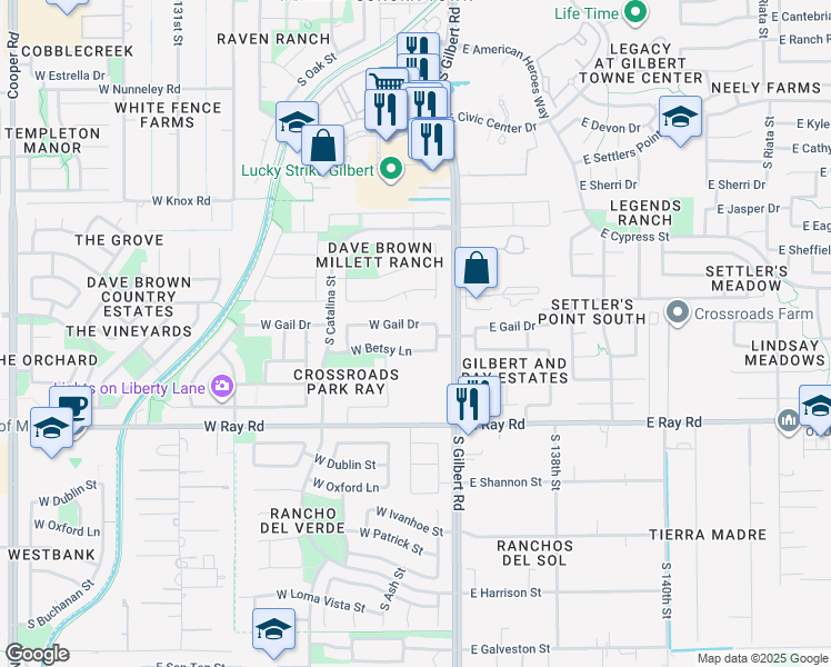 map of restaurants, bars, coffee shops, grocery stores, and more near 95 West Gail Drive in Gilbert