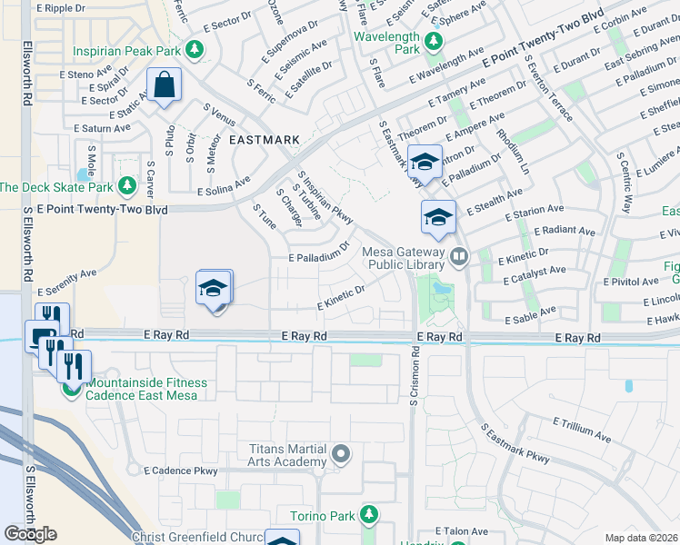 map of restaurants, bars, coffee shops, grocery stores, and more near 9847 East Acceleration Drive in Mesa