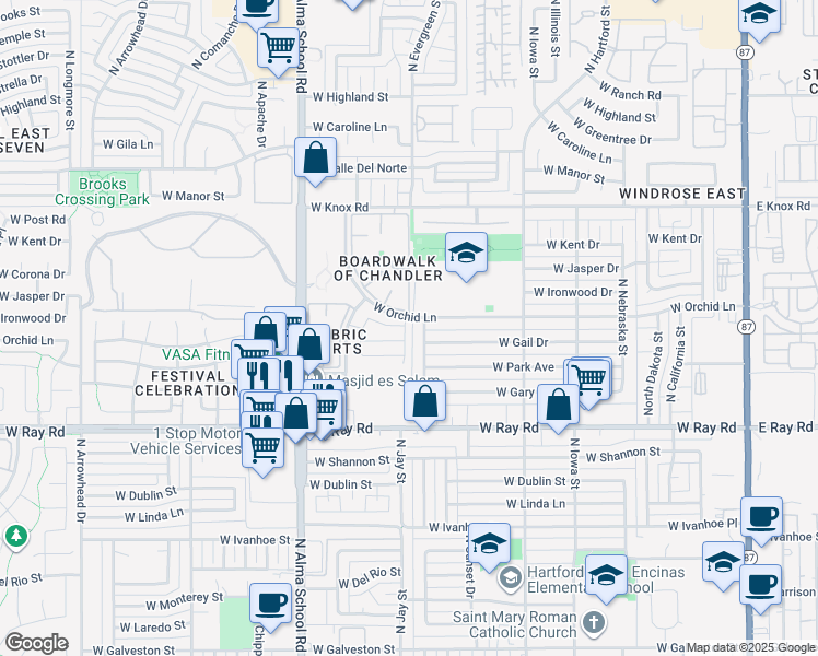 map of restaurants, bars, coffee shops, grocery stores, and more near 1189 North Jay Place in Chandler