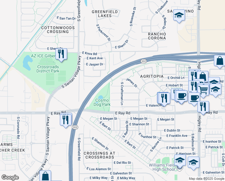 map of restaurants, bars, coffee shops, grocery stores, and more near 2616 East Tamarisk Street in Gilbert