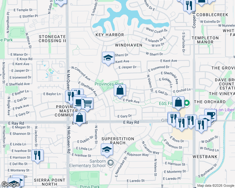 map of restaurants, bars, coffee shops, grocery stores, and more near 1160 North Nantucket Street in Chandler
