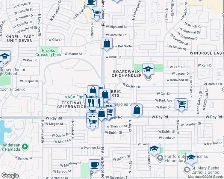 map of restaurants, bars, coffee shops, grocery stores, and more near 1287 North Alma School Road in Chandler