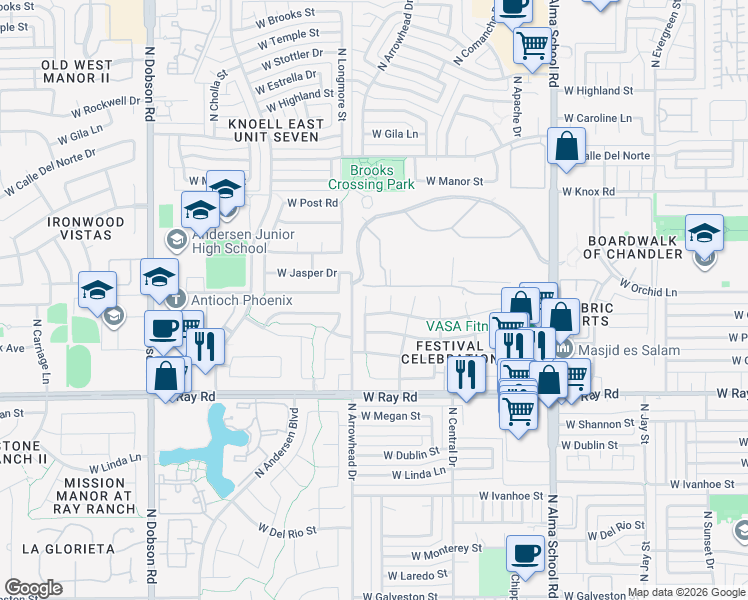 map of restaurants, bars, coffee shops, grocery stores, and more near 1221 North Meadows Drive in Chandler