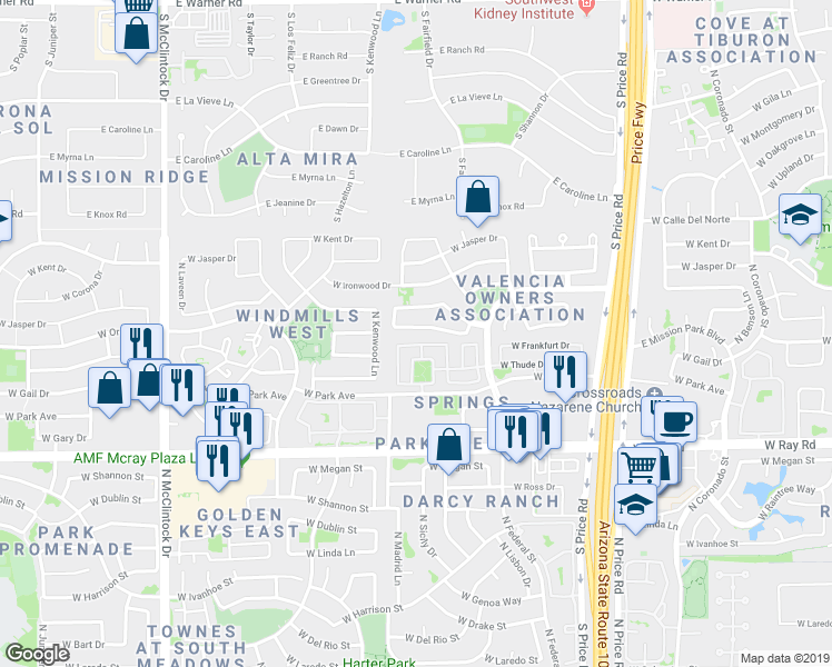 map of restaurants, bars, coffee shops, grocery stores, and more near 3431 West Baylor Lane in Chandler