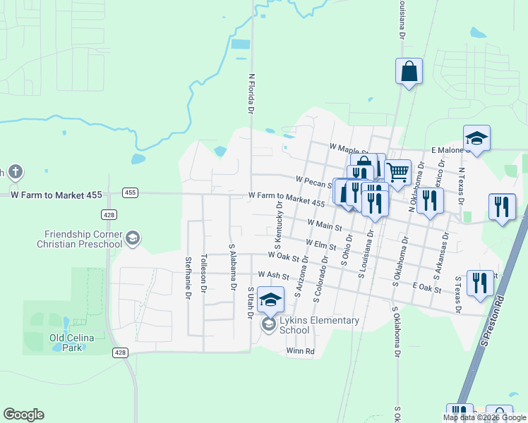 map of restaurants, bars, coffee shops, grocery stores, and more near 709 West Main Street in Celina