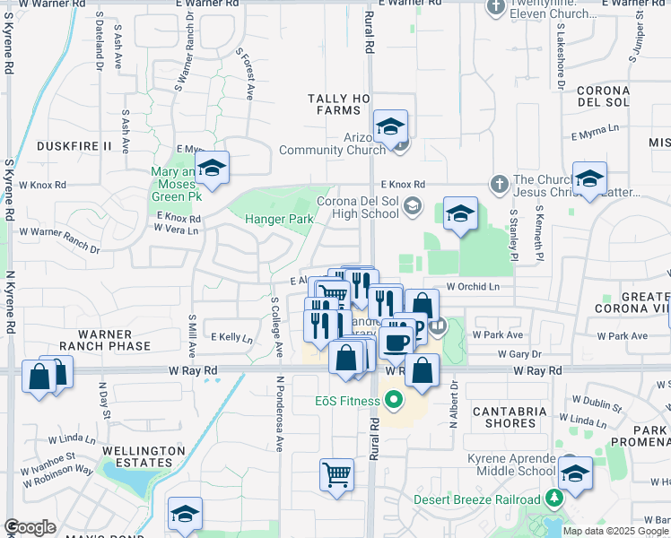 map of restaurants, bars, coffee shops, grocery stores, and more near 733 East Stacey Lane in Tempe