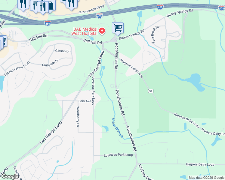 map of restaurants, bars, coffee shops, grocery stores, and more near 6239 Pocahontas Road in Bessemer