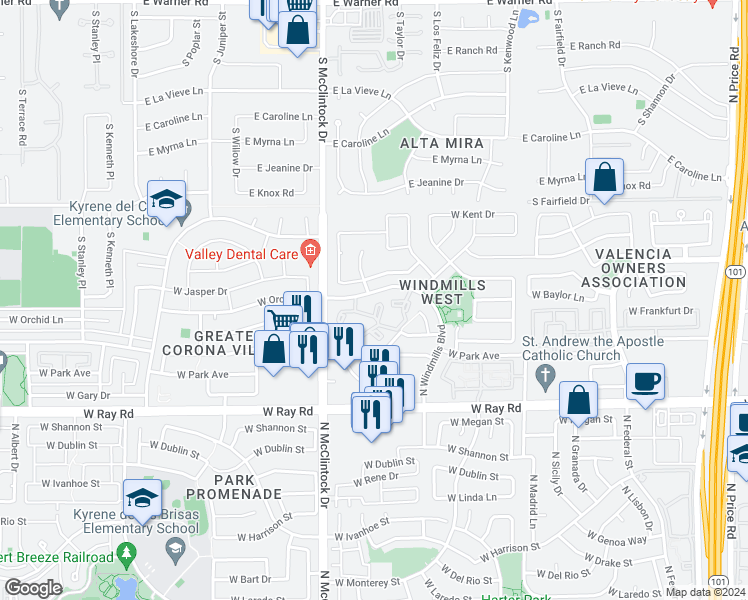 map of restaurants, bars, coffee shops, grocery stores, and more near 23 West Windmills Boulevard in Chandler