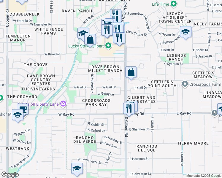 map of restaurants, bars, coffee shops, grocery stores, and more near 95 West Gail Drive in Gilbert