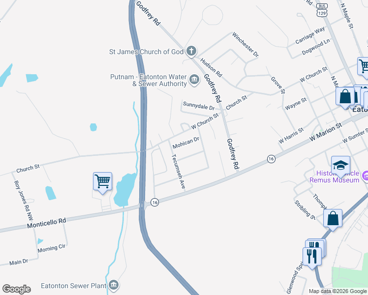 map of restaurants, bars, coffee shops, grocery stores, and more near 107 Mohican Dr in Eatonton