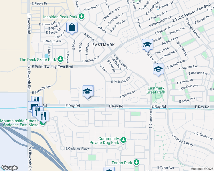 map of restaurants, bars, coffee shops, grocery stores, and more near 9722 East Axle Avenue in Mesa