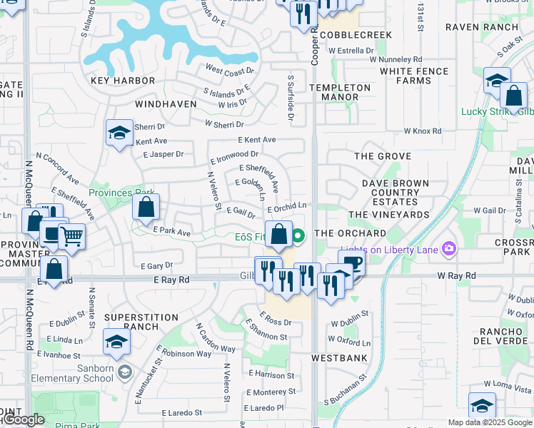 map of restaurants, bars, coffee shops, grocery stores, and more near 1191 North Amber Street in Chandler