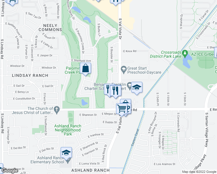 map of restaurants, bars, coffee shops, grocery stores, and more near 1456 South Boulder Street in Gilbert
