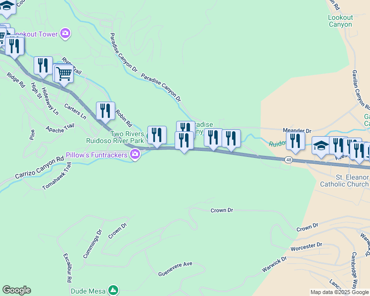 map of restaurants, bars, coffee shops, grocery stores, and more near 700-714 Sudderth Drive in Ruidoso