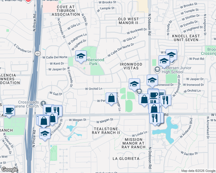map of restaurants, bars, coffee shops, grocery stores, and more near 2298 West Orchid Lane in Chandler
