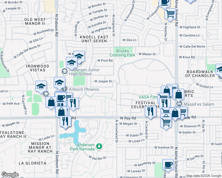 map of restaurants, bars, coffee shops, grocery stores, and more near 1551 West Ironwood Drive in Chandler