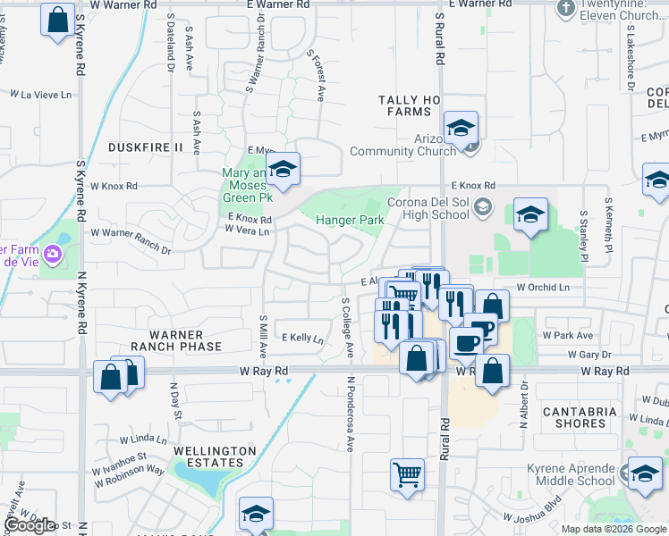 map of restaurants, bars, coffee shops, grocery stores, and more near 405 East Stacey Lane in Tempe