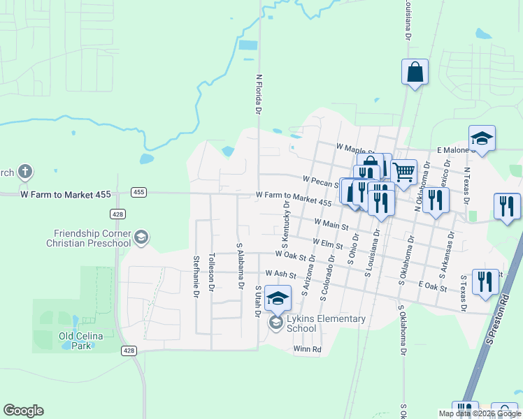 map of restaurants, bars, coffee shops, grocery stores, and more near 709 West Main Street in Celina
