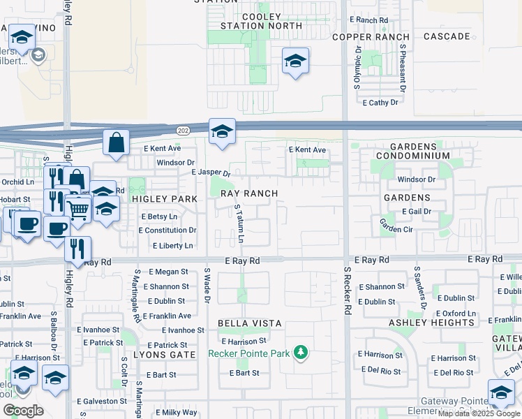 map of restaurants, bars, coffee shops, grocery stores, and more near 3749 East Orchid Lane in Gilbert
