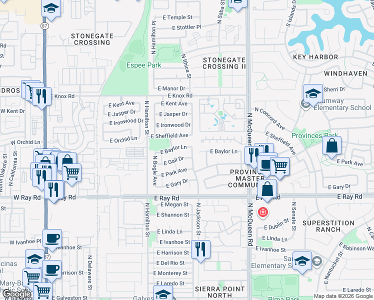 map of restaurants, bars, coffee shops, grocery stores, and more near 767 East Baylor Lane in Chandler