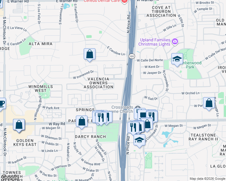 map of restaurants, bars, coffee shops, grocery stores, and more near 3101 West Baylor Lane in Chandler