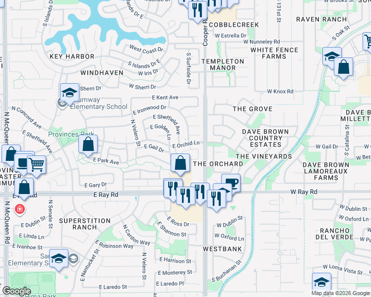 map of restaurants, bars, coffee shops, grocery stores, and more near 1110 North Melody Circle in Chandler