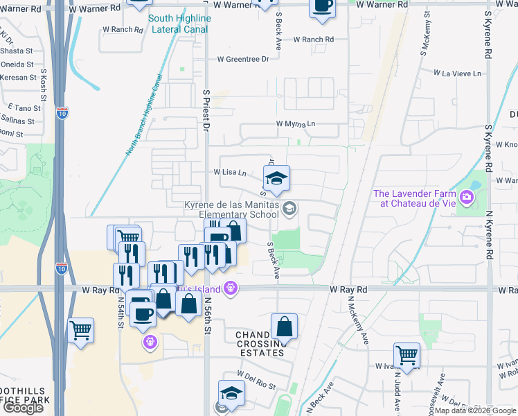 map of restaurants, bars, coffee shops, grocery stores, and more near 1318 West Larona Lane in Tempe