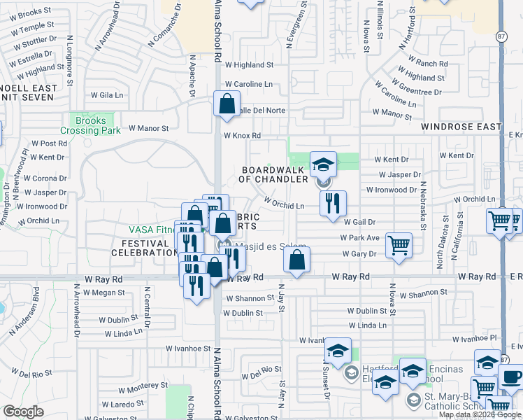 map of restaurants, bars, coffee shops, grocery stores, and more near 873 West Baylor Lane in Chandler