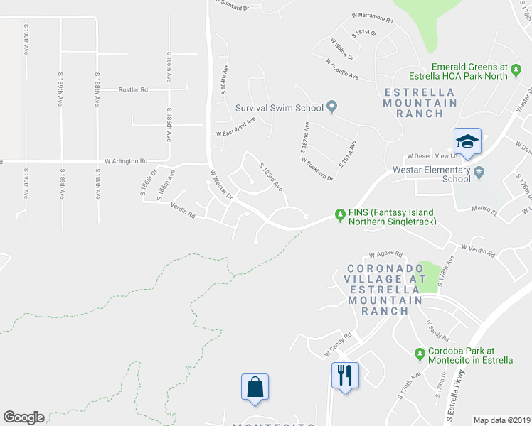 map of restaurants, bars, coffee shops, grocery stores, and more near 18342 Verdin Road in Goodyear