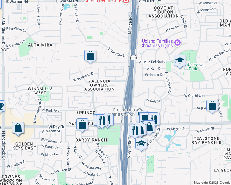 map of restaurants, bars, coffee shops, grocery stores, and more near 3101 W Baylor Ln in Chandler