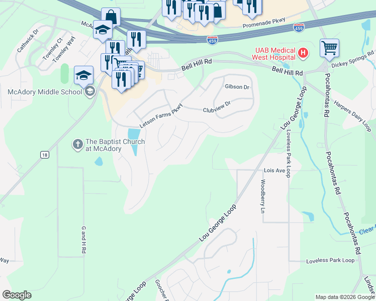 map of restaurants, bars, coffee shops, grocery stores, and more near 6445 Ridge View Circle in Bessemer