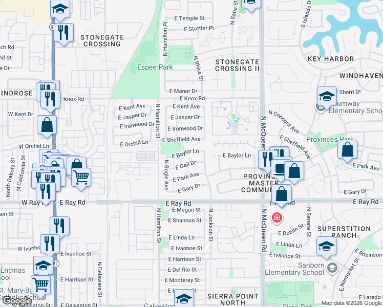 map of restaurants, bars, coffee shops, grocery stores, and more near 767 East Baylor Lane in Chandler