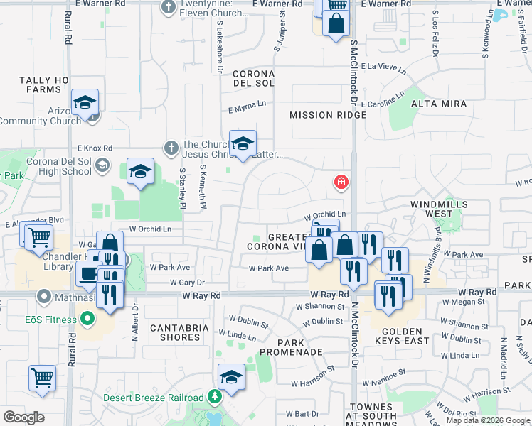 map of restaurants, bars, coffee shops, grocery stores, and more near 4183 West Jasper Drive in Chandler