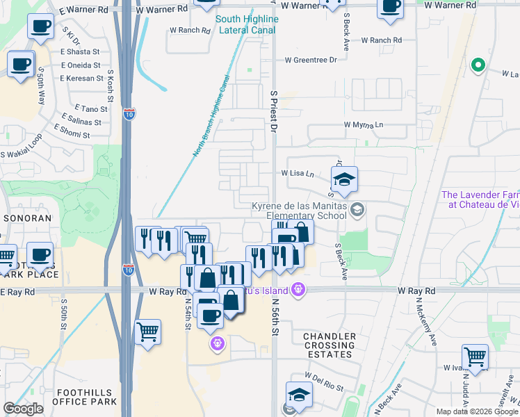map of restaurants, bars, coffee shops, grocery stores, and more near 7068 West Carter Drive in Chandler
