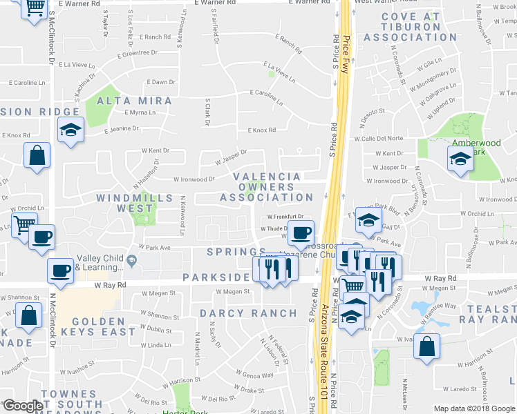 map of restaurants, bars, coffee shops, grocery stores, and more near 3260 West Golden Lane in Chandler