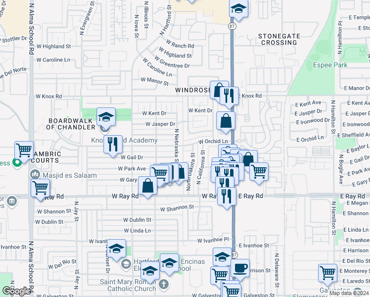 map of restaurants, bars, coffee shops, grocery stores, and more near 233 West Orchid Lane in Chandler