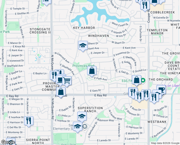 map of restaurants, bars, coffee shops, grocery stores, and more near 1160 North Nantucket Street in Chandler