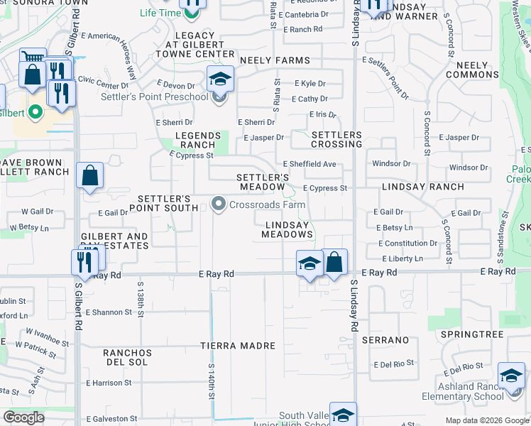map of restaurants, bars, coffee shops, grocery stores, and more near 549 East Gail Drive in Gilbert