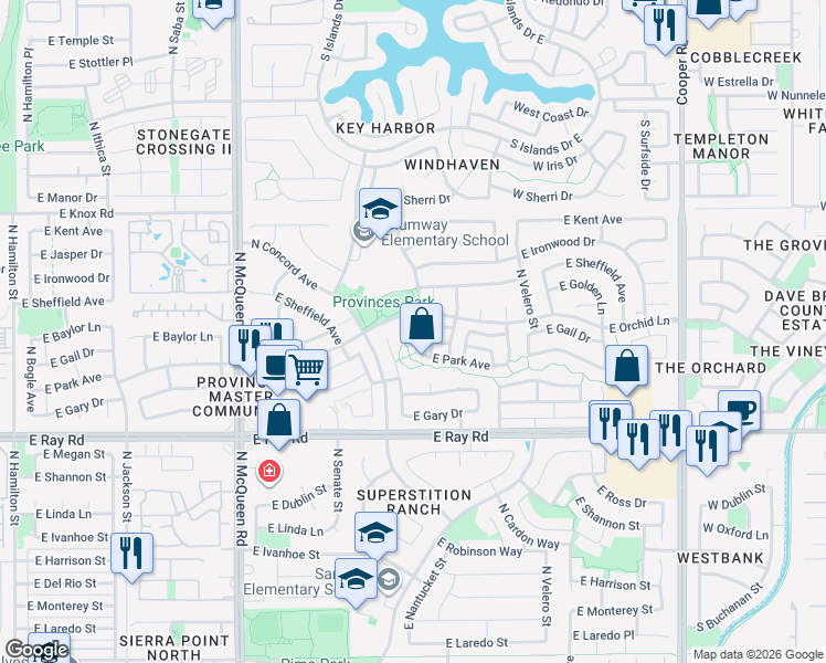 map of restaurants, bars, coffee shops, grocery stores, and more near 1160 North Nantucket Street in Chandler