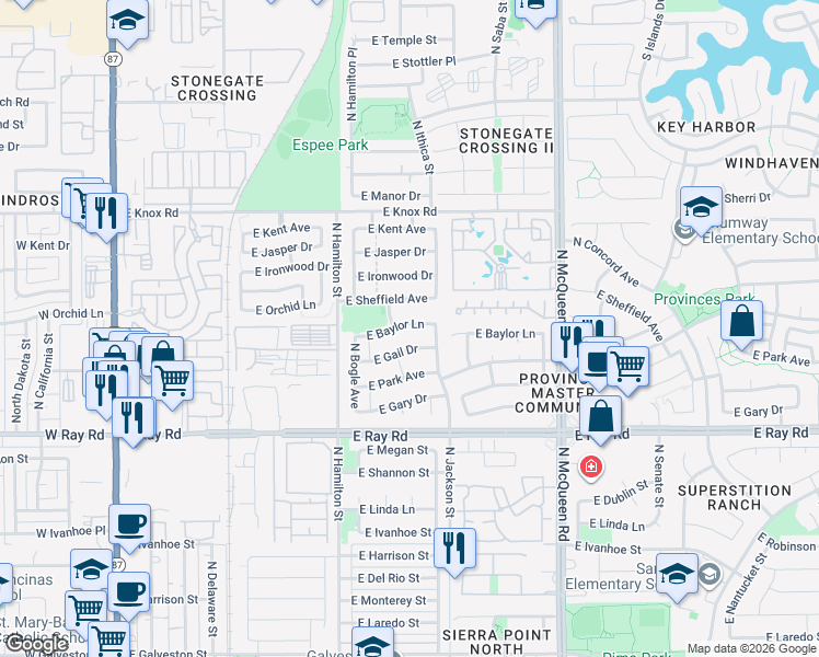 map of restaurants, bars, coffee shops, grocery stores, and more near 767 East Baylor Lane in Chandler