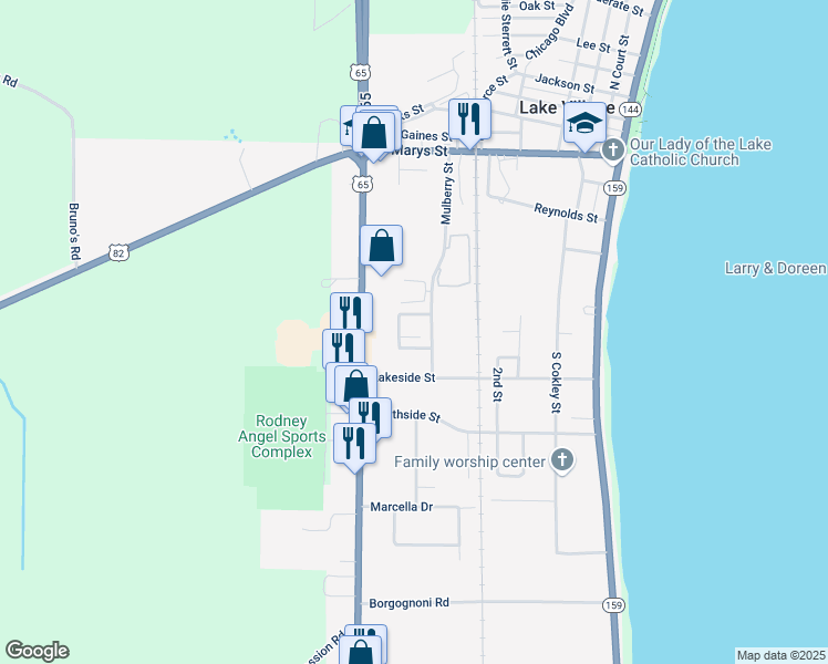 map of restaurants, bars, coffee shops, grocery stores, and more near 920 Mulberry Street in Lake Village